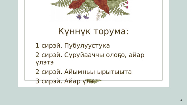 Күннүк торума: 1 сирэй. Пубулуустука 2 сирэй. Суруйааччы олоҕо, айар үлэтэ 2 сирэй. Айымньы ырытыыта 3 сирэй. Айар үлэ 1 