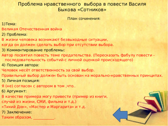 Проблема нравственного выбора в повести Василя Быкова «Сотников» План сочинения: 1)Тема: Великая Отечественная война 2) Проблема: В жизни человека возникают безвыходные ситуации, когда он должен сделать выбор при отсутствии выбора. 3) Комментирование проблемы: Автор посвятил повесть теме предательства. (Пересказать фабулу повести -последовательность событий-с личной оценкой происходящего) 4) Позиция автора: Человек несёт ответственность за свой выбор. Правильный выбор должен быть основан на морально-нравственных принципах. 5) Личная позиция: Я (не) согласен с автором в том ,что.. 6) Аргумент: В качестве примера могу привести (пример из книги, случай из жизни, СМИ, фильма и т.д.) «Тихий Дон», «Мастер и Маргарита» и т.д. 7) Заключение: Таким образом, ___________. 