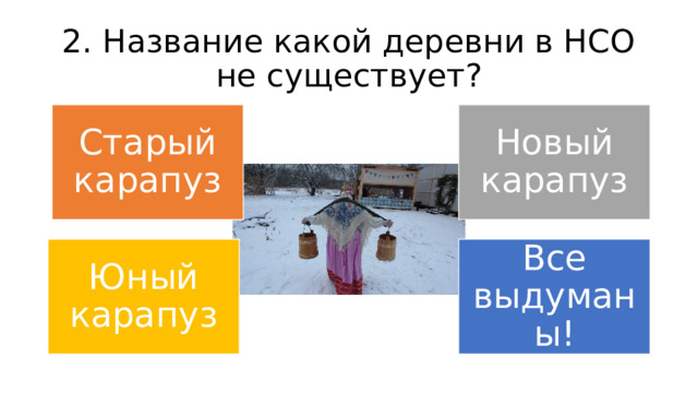 2. Название какой деревни в НСО не существует? Старый карапуз Новый карапуз Юный карапуз Все выдуманы! 