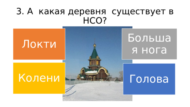 3. А какая деревня существует в НСО? Локти Большая нога Колени Голова 