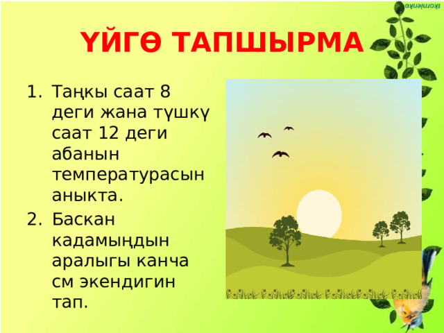 ҮЙГӨ ТАПШЫРМА Таңкы саат 8 деги жана түшкү саат 12 деги абанын температурасын аныкта. Баскан кадамыңдын аралыгы канча см экендигин тап. 
