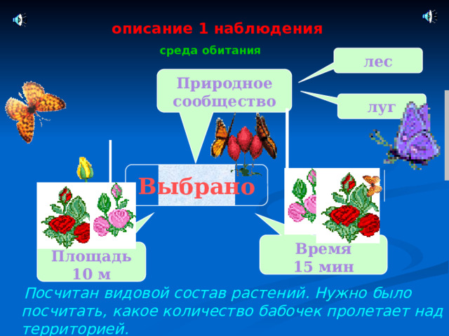 описание 1 наблюдения среда обитания лес Природное сообщество луг Выбрано Время 15 мин Площадь 10 м  Посчитан видовой состав растений. Нужно было посчитать, какое количество бабочек пролетает над территорией. 