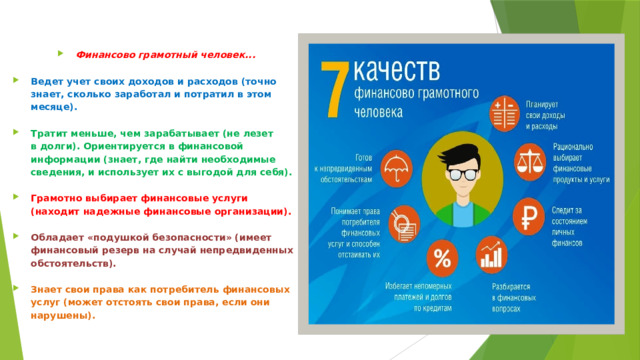 Финансово грамотный человек... Ведет учет своих доходов и расходов (точно знает, сколько заработал и потратил в этом месяце). Тратит меньше, чем зарабатывает (не лезет в долги). Ориентируется в финансовой информации (знает, где найти необходимые сведения, и использует их с выгодой для себя). Грамотно выбирает финансовые услуги (находит надежные финансовые организации). Обладает «подушкой безопасности» (имеет финансовый резерв на случай непредвиденных обстоятельств). Знает свои права как потребитель финансовых услуг (может отстоять свои права, если они нарушены). 