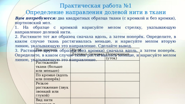 Практическая работа №1 Определение направления долевой нити в ткани Вам потребуются:  два квадратных образца ткани (с кромкой и без кромки), портновский мел. 1. На образце с кромкой нарисуйте мелом стрелку, указывающую направление долевой нити. 2. Растяните тот же образец сначала вдоль, а затем поперёк. Определите, в каком случае ткань растягивалась меньше, и нарисуйте мелом вторую линию, указывающую это направление. Сделайте вывод. 3. Растяните другой образец (без кромки) сначала вдоль, а затем поперёк. Определите, в каком случае ткань растягивалась меньше, и нарисуйте мелом линию, указывающую это направление. Показатель Нити Долевые (основа) Растяжение ткани (больше или меньше) По кромке (вдоль или поперёк) Поперечные (уток)   Резкое растяжение (звук звонкий или глухой)     Вид нити (гладкая и прочная или пушистая и непрочная)            