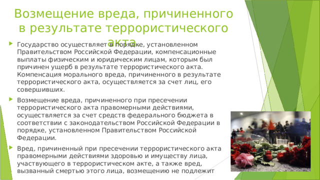 Возмещение вреда, причиненного в результате террористического акта. Государство осуществляет в порядке, установленном Правительством Российской Федерации, компенсационные выплаты физическим и юридическим лицам, которым был причинен ущерб в результате террористического акта. Компенсация морального вреда, причиненного в результате террористического акта, осуществляется за счет лиц, его совершивших. Возмещение вреда, причиненного при пресечении террористического акта правомерными действиями, осуществляется за счет средств федерального бюджета в соответствии с законодательством Российской Федерации в порядке, установленном Правительством Российской Федерации. Вред, причиненный при пресечении террористического акта правомерными действиями здоровью и имуществу лица, участвующего в террористическом акте, а также вред, вызванный смертью этого лица, возмещению не подлежит 