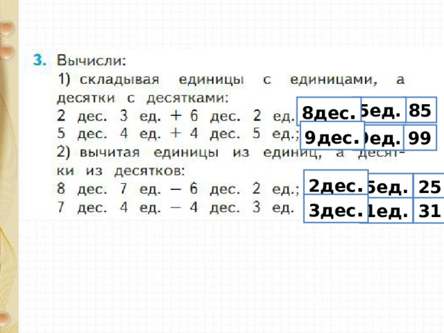 85 5ед. 8дес . 9дес . 9ед. 99 2дес . 5ед. 25 3дес . 1ед. 31 