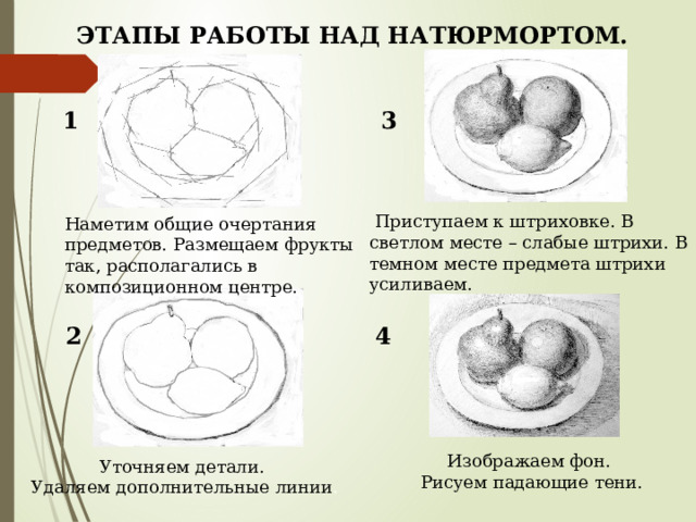 ЭТАПЫ РАБОТЫ НАД НАТЮРМОРТОМ. 1 3   Приступаем к штриховке. В светлом месте – слабые штрихи. В темном месте предмета штрихи усиливаем. Наметим общие очертания предметов. Размещаем фрукты так, располагались в композиционном центре. 2 4 Изображаем фон. Рисуем падающие тени. Уточняем детали. Удаляем дополнительные линии . 