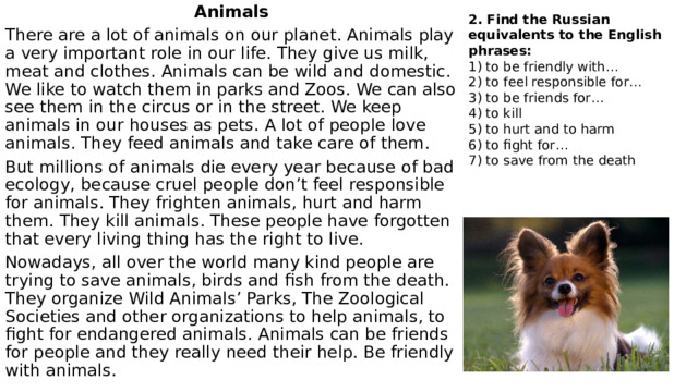 Animals There are a lot of animals on our planet. Animals play a very important role in our life. They give us milk, meat and clothes. Animals can be wild and domestic. We like to watch them in parks and Zoos. We can also see them in the circus or in the street. We keep animals in our houses as pets. A lot of people love animals. They feed animals and take care of them. But millions of animals die every year because of bad ecology, because cruel people don’t feel responsible for animals. They frighten animals, hurt and harm them. They kill animals. These people have forgotten that every living thing has the right to live. Nowadays, all over the world many kind people are trying to save animals, birds and fish from the death. They organize Wild Animals’ Parks, The Zoological Societies and other organizations to help animals, to fight for endangered animals. Animals can be friends for people and they really need their help. Be friendly with animals. 2.   Find the Russian equivalents to the English phrases: 1) to be friendly with… 2) to feel responsible for… 3) to be friends for… 4) to kill 5) to hurt and to harm 6) to fight for… 7) to save from the death 