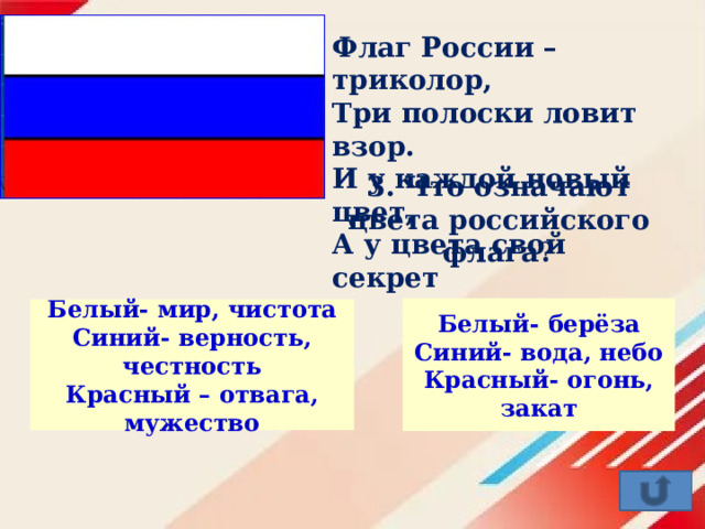 Флаг России – триколор,  Три полоски ловит взор.  И у каждой новый цвет,  А у цвета свой секрет 3. Что означают цвета российского флага?   Белый- берёза Синий- вода, небо Красный- огонь, закат Белый- мир, чистота Синий- верность, честность Красный – отвага, мужество 
