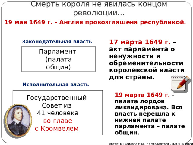 Смерть короля не явилась концом революции… 19 мая 1649 г. - Англия провозглашена республикой.   Законодательная власть 17 марта 1649 г. – акт парламента о ненужности и обременительности королевской власти для страны.  Парламент (палата общин) Исполнительная власть Государственный Совет из 41 человека во главе с Кромвелем 19 марта 1649 г. - палата лордов  ликвидирована. Вся власть перешла к нижней палате парламента – палате общин.  Автор: Михайлова Н.М.- преподаватель МАОУ «Лицей № 21» 