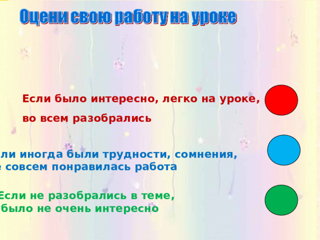 Если было интересно, легко на уроке, во всем разобрались Если иногда были трудности, сомнения, не совсем понравилась работа Если не разобрались в теме,  было не очень интересно 