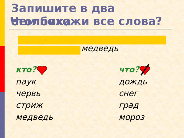 Чем похожи все слова? Запишите в два столбика  дождь, паук, червь, снег, град, стриж, мороз, медведь что? дождь снег град мороз кто? паук червь стриж медведь 