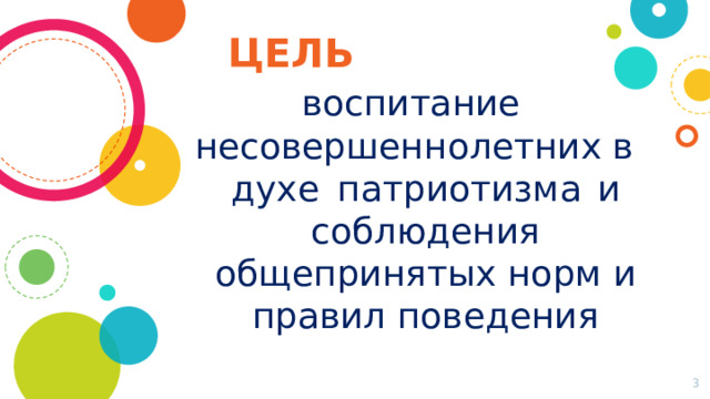 ЦЕЛЬ воспитание  несовершеннолетних в  духе  патриотизма  и соблюдения общепринятых норм и правил поведения  