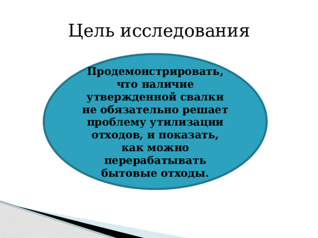 Цель исследования Продемонстрировать, что наличие утвержденной свалки не обязательно решает проблему утилизации отходов, и показать, как можно перерабатывать бытовые отходы. 