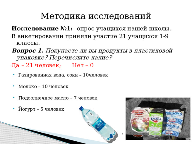 Методика исследований Исследование №1: опрос учащихся нашей школы. В анкетировании приняли участие 21 учащихся 1-9 классы. Вопрос 1. Покупаете ли вы продукты в пластиковой упаковке? Перечислите какие? Да – 21 человек; Нет – 0 Газированная вода, соки – 10человек Молоко – 10 человек Подсолнечное масло – 7 человек Йогурт – 5 человек 