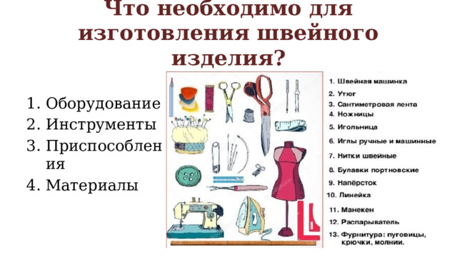 Что необходимо для изготовления швейного изделия? Оборудование Инструменты Приспособления Материалы 
