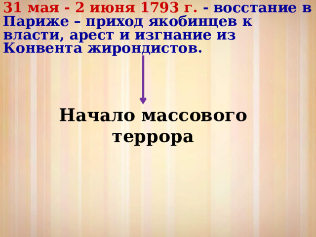 31 мая - 2 июня 1793 г. - восстание в Париже – приход якобинцев к власти, арест и изгнание из Конвента жирондистов. Начало массового террора 