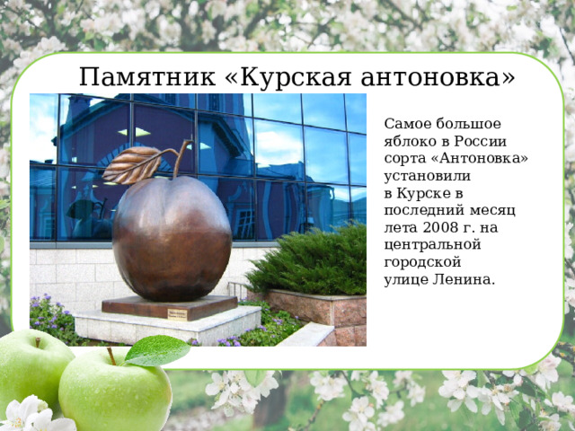 Памятник «Курская антоновка» Самое большое яблоко в России сорта «Антоновка» установили в Курске в последний месяц лета 2008 г. на центральной городской улице Ленина. 