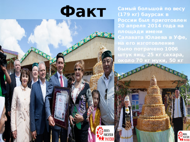 Факт   Самый большой по весу (179 кг) баурсак в России был приготовлен 20 апреля 2014 года на площади имени Салавата Юлаева в Уфе, на его изготовление было потрачено 1006 штук яиц, 25 кг сахара, около 70 кг муки, 50 кг башкирского мёда. 
