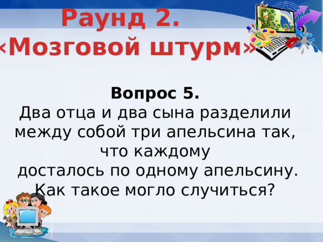 Раунд 2. «Мозговой штурм» Вопрос 5. Два отца и два сына разделили между собой три апельсина так, что каждому  досталось по одному апельсину. Как такое могло случиться? 