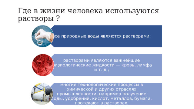 все природные воды являются растворами; растворами являются важнейшие физиологические жидкости — кровь, лимфа и т. д.; многие технологические процессы в химической и других отраслях промышленности, например получение соды, удобрений, кислот, металлов, бумаги, протекают в растворах. Где в жизни человека используются растворы ? 