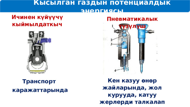 Кысылган газдын потенциалдык энергиясы Ичинен күйүүчү кыймылдаткыч Пневматикалык түзүлүш Кен казуу өнөр жайларында, жол курууда, катуу жерлерди талкалап тешүүдө Транспорт каражаттарында 