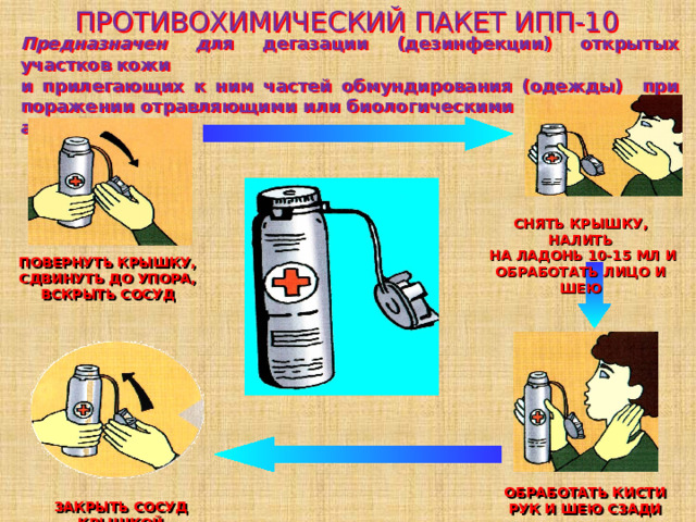 ПРОТИВОХИМИЧЕСКИЙ ПАКЕТ ИПП-10 Предназначен д ля дегазации (дезинфекции) открытых участков кожи и прилегающих к ним частей обмундирования (одежды) при поражении отравляющими или биологическими поражающими агентами СНЯТЬ КРЫШКУ, НАЛИТЬ  НА ЛАДОНЬ 10-15 МЛ И ОБРАБОТАТЬ ЛИЦО И ШЕЮ ПОВЕРНУТЬ КРЫШКУ, СДВИНУТЬ ДО УПОРА, ВСКРЫТЬ СОСУД ОБРАБОТАТЬ КИСТИ РУК И ШЕЮ СЗАДИ ЗАКРЫТЬ СОСУД КРЫШКОЙ 