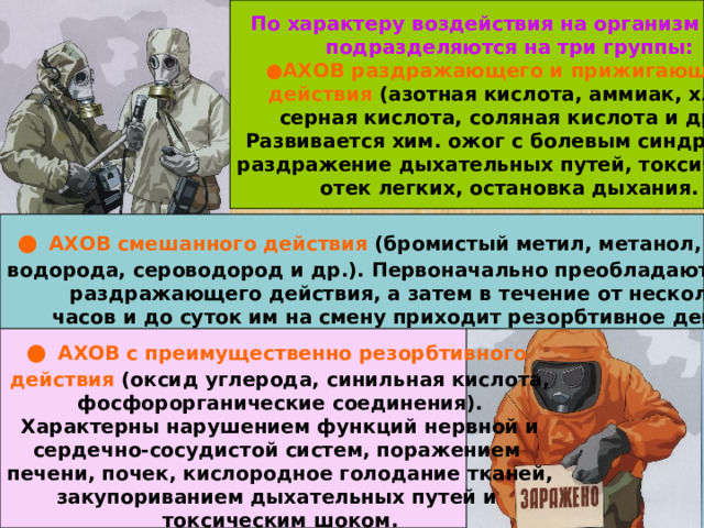 По характеру воздействия на организм АХОВ подразделяются на три группы: ● АХОВ раздражающего и прижигающего действия (азотная кислота, аммиак, хлор, серная кислота, соляная кислота и др.). Развивается хим. ожог с болевым синдромом, раздражение дыхательных путей, токсический отек легких, остановка дыхания. ●  АХОВ смешанного действия (бромистый метил, метанол, перекись водорода, сероводород и др.). Первоначально преобладают признаки раздражающего действия, а затем в течение от нескольких часов и до суток им на смену приходит резорбтивное действие. ●  АХОВ с преимущественно резорбтивного  действия (оксид углерода, синильная кислота, фосфорорганические соединения). Характерны нарушением функций нервной и сердечно-сосудистой систем, поражением печени, почек, кислородное голодание тканей, закупориванием дыхательных путей и токсическим шоком. 