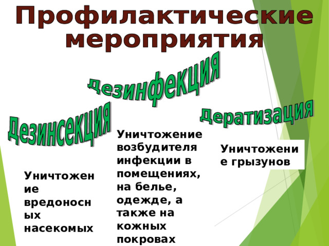 Уничтожение возбудителя инфекции в помещениях, на белье, одежде, а также на кожных покровах людей и животных Уничтожение грызунов Уничтожение вредоносных насекомых 