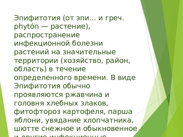 Эпифитотия (от эпи... и греч. phytón — растение), распространение инфекционной болезни растений на значительные территории (хозяйство, район, область) в течение определенного времени. В виде Эпифитотия обычно проявляются ржавчина и головня хлебных злаков, фитофтороз картофеля, парша яблони, увядание хлопчатника, шютте снежное и обыкновенное и другие инфекционные заболевания. 