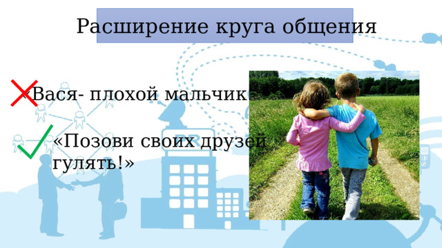 Расширение круга общения «Вася- плохой мальчик!» «Позови своих друзей гулять!» 