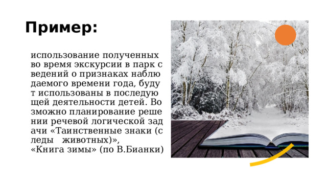 Пример:    использование полученных во время экскурсии в парк сведений о признаках наблюдаемого времени года, будут использованы в последующей деятельности детей. Возможно планирование решении речевой логической задачи «Таинственные знаки (следы   животных)», «Книга зимы» (по В.Бианки) 