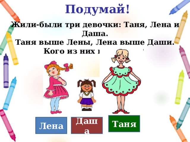 Подумай! Жили-были три девочки: Таня, Лена и Даша.  Таня выше Лены, Лена выше Даши. Кого из них как зовут? Таня Лена Даша 