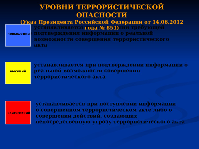 УРОВНИ ТЕРРОРИСТИЧЕСКОЙ ОПАСНОСТИ (Указ Президента Российской Федерации от 14.06.2012 года № 851) устанавливается при получении требующей подтверждения информации о реальной возможности совершения террористического акта повышенный  устанавливается при подтверждении информации о реальной возможности совершения террористического акта высокий  устанавливается при поступлении информации о совершенном террористическом акте либо о совершении действий, создающих непосредственную угрозу террористического акта  критический 