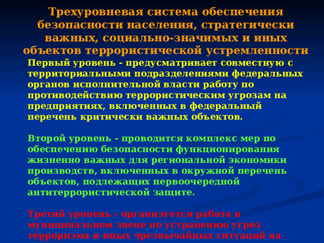 Трехуровневая система обеспечения безопасности населения, стратегически важных, социально-значимых и иных объектов террористической устремленности Первый уровень - предусматривает совместную с территориальными подразделениями федеральных органов исполнительной власти работу по противодействию террористическим угрозам на предприятиях, включенных в федеральный перечень критически важных объектов.  Второй уровень - проводится комплекс мер по обеспечению безопасности функционирования жизненно важных для региональной экономики производств, включенных в окружной перечень объектов, подлежащих первоочередной антитеррористической защите.  Третий уровень - организуется работа в муниципальном звене по устранению угроз терроризма и иных чрезвычайных ситуаций на опасных производствах, социально - значимых объектах, в местах массового пребывания населения. 