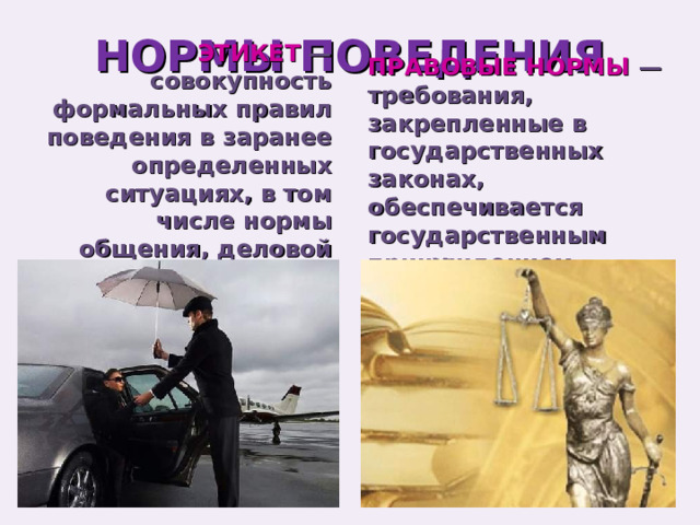НОРМЫ ПОВЕДЕНИЯ ПРАВОВЫЕ НОРМЫ — требования, закрепленные в государственных законах, обеспечивается государственным принуждением ЭТИКЕТ — совокупность формальных правил поведения в заранее определенных ситуациях, в том числе нормы общения, деловой протокол и т.д. 