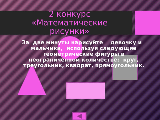 2 конкурс  «Математические рисунки» За две минуты нарисуйте девочку и мальчика, используя следующие геометрические фигуры в неограниченном количестве: круг, треугольник, квадрат, прямоугольник. 
