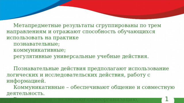 Метапредметные результаты сгруппированы по трем направлениям и отражают способность обучающихся использовать на практике познавательные; коммуникативные; регулятивные универсальные учебные действия. Познавательные действия предполагают использование логических и исследовательских действия, работу с информацией. Коммуникативные – обеспечивают общение и совместную деятельность. Регулятивные – включают самоорганизацию, самоконтроль, развитие интеллекта. 13 