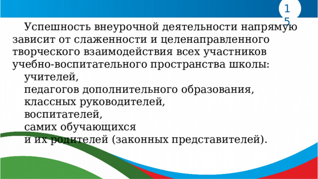15  Успешность внеурочной деятельности напрямую зависит от слаженности и целенаправленного творческого взаимодействия всех участников учебно-воспитательного пространства школы:  учителей,  педагогов дополнительного образования,  классных руководителей,  воспитателей,   самих обучающихся  и их родителей (законных представителей). 