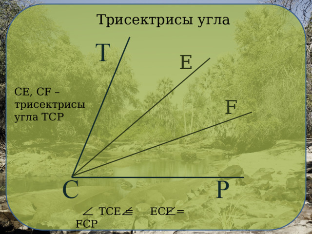 Трисектрисы угла Е CE, CF – трисектрисы угла ТСР F  TCE = ECF = FCP 