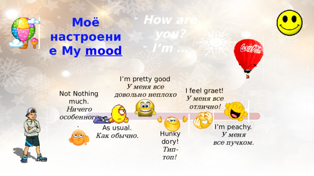 How are you? I’m … Моё настроение My mood I’m pretty good У меня все довольно неплохо I feel graet! У меня все отлично! Not Nothing much. Ничего особенного. Видео по ссылке I’m peachy. У меня все пучком.  As usual. Как обычно. Hunky dory! Тип-топ!   