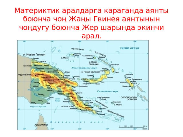 Материктик аралдарга караганда аянты боюнча чоң Жаңы Гвинея аянтынын чоңдугу боюнча Жер шарында экинчи арал. 
