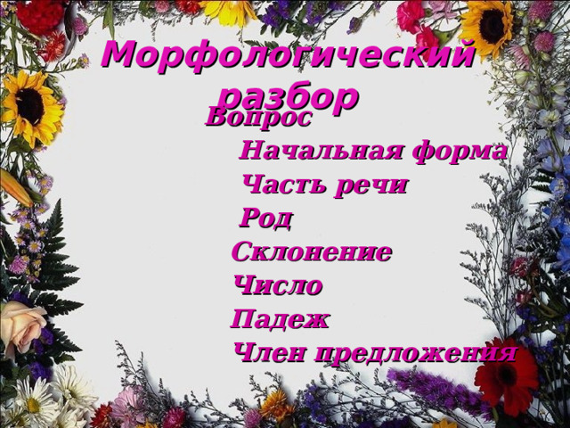 Морфологический разбор  Вопрос   Начальная форма  Часть речи  Род  Склонение  Число  Падеж  Член предложения 