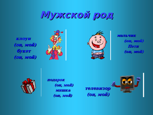 Мужской род  клоун  мальчик  (он, мой)  букет  (он, мой)  (он, мой)  Петя  (он, мой)  подарок  телевизор  (он, мой)  мишка  (он, мой)   (он, мой)  