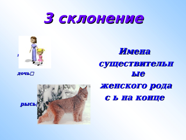 3 склонение    мать □   дочь □   Имена существительные женского рода с ь на конце    рысь □  