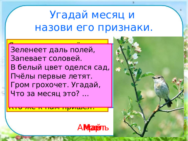 Угадай месяц и  назови его признаки. Яростно река ревёт И разламывает лёд. В домик свой скворец  вернулся, А в лесу медведь  проснулся. В небе жаворонка трель. Кто же к нам пришёл? Дует тёплый южный ветер, Солнышко всё ярче светит, Снег худеет, мякнет, тает, Грач горластый прилетает. Что за месяц? Кто узнает? Зеленеет даль полей, Запевает соловей. В белый цвет оделся сад, Пчёлы первые летят. Гром грохочет. Угадай, Что за месяц это? … Март Апрель Май 