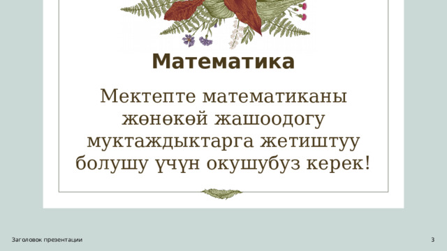 Математика Мектепте математиканы жөнөкөй жашоодогу муктаждыктарга жетиштуу болушу үчүн окушубуз керек! Заголовок презентации 1 1 