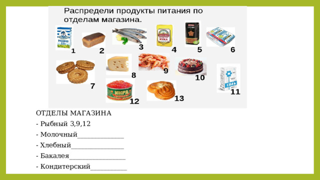 ОТДЕЛЫ МАГАЗИНА - Рыбный 3,9,12 - Молочный______________ - Хлебный________________ - Бакалея_________________ - Кондитерский___________ 