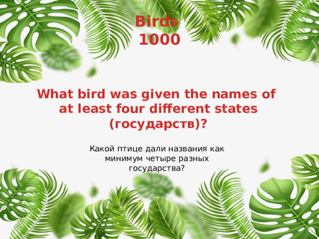 Birds  1000 What bird was given the names of at least four different states (государств)? Какой птице дали названия как минимум четыре разных государства? 