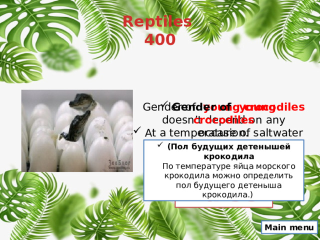 Reptiles  400 Gender of  young crocodiles doesn’t depend on any occasion. Gender of young crocodiles At a temperature of saltwater crocodile eggs can determine the sex of a baby crocodile. (Пол будущих детенышей крокодила  По температуре яйца морского крокодила можно определить пол будущего детеныша крокодила.)  (Пол будущих детенышей крокодила не зависит ни от чего.)  False Main menu 